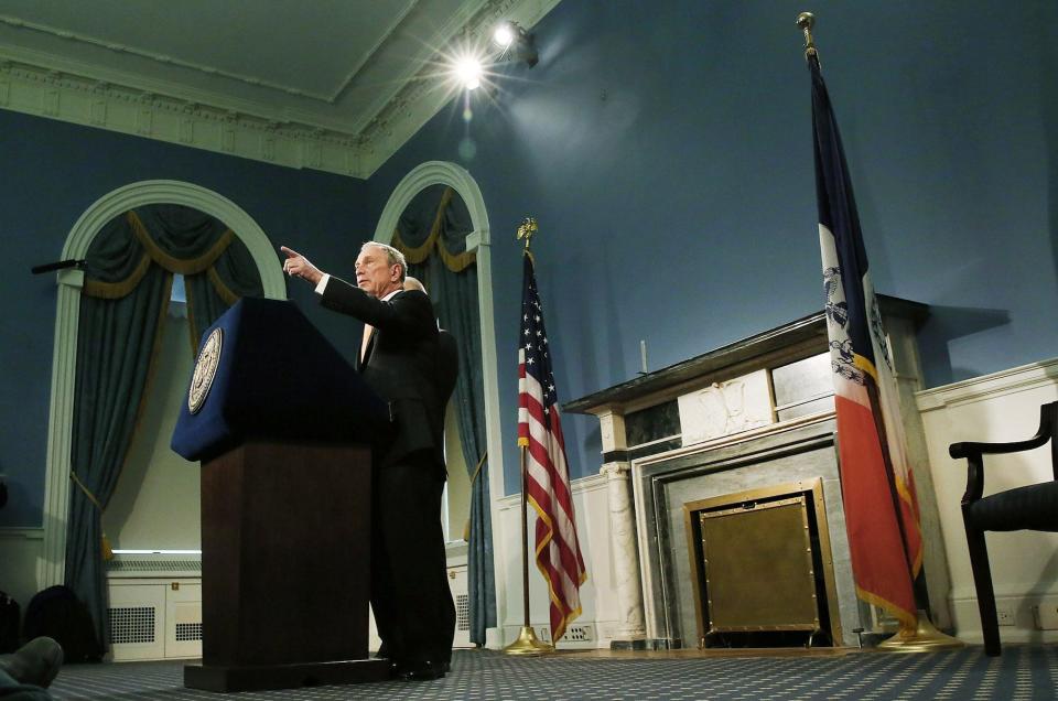 New York City Mayor Michael Bloomberg speaks during a news conference at City Hall announcing that the two men accused of carrying out last week's bombing of the Boston Marathon planned an additional bomb attack on New York's Times Square on April 25, 2013 in New York City.