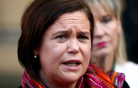 FILE PHOTO: Sinn Fein Leader Mary Lou McDonald leaves a meeting with European Union Chief Brexit Negotiator Michel Barnier at the EU Commission headquarters in Brussels, Belgium April 1, 2019. REUTERS/Francois Lenoir/File photo