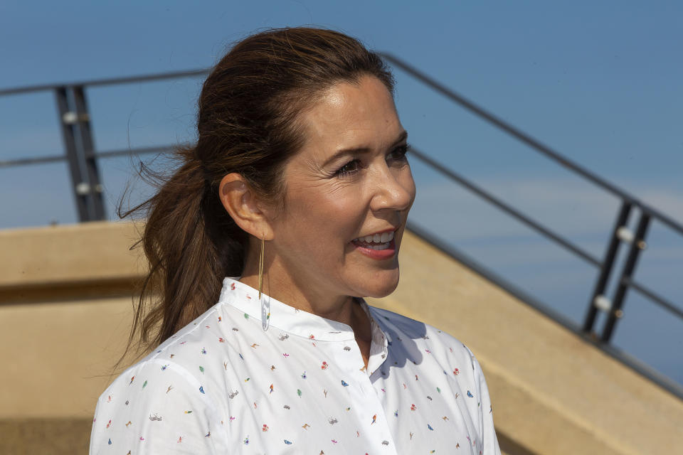 GRENAA, DENMARK - AUGUST 19: Crown Princess Mary of Denmark seen at a press briefing at Grenaa sea aquarium, Kattegatcentret,after she as newly appointed President for the World Wildlife Foundation (WWF)  took part in releasing 50 Sea Rays to the sea on August 19, 2020 in Grenaa, Denmark. The Sea Rays are an extinction threatened species and this action marks a long partnership between H&M and the WWF with the purpose of recreating life in Danish waters. The Crown Princess was elected as President for WWF in Denmark in June this year, thus taking over this position from her father in law, the late Prince Henrik.  The project with the Sea Ray´s has been supported by Hennes & Maurits, H & M). (Photo by Ole Jensen/Getty Images)