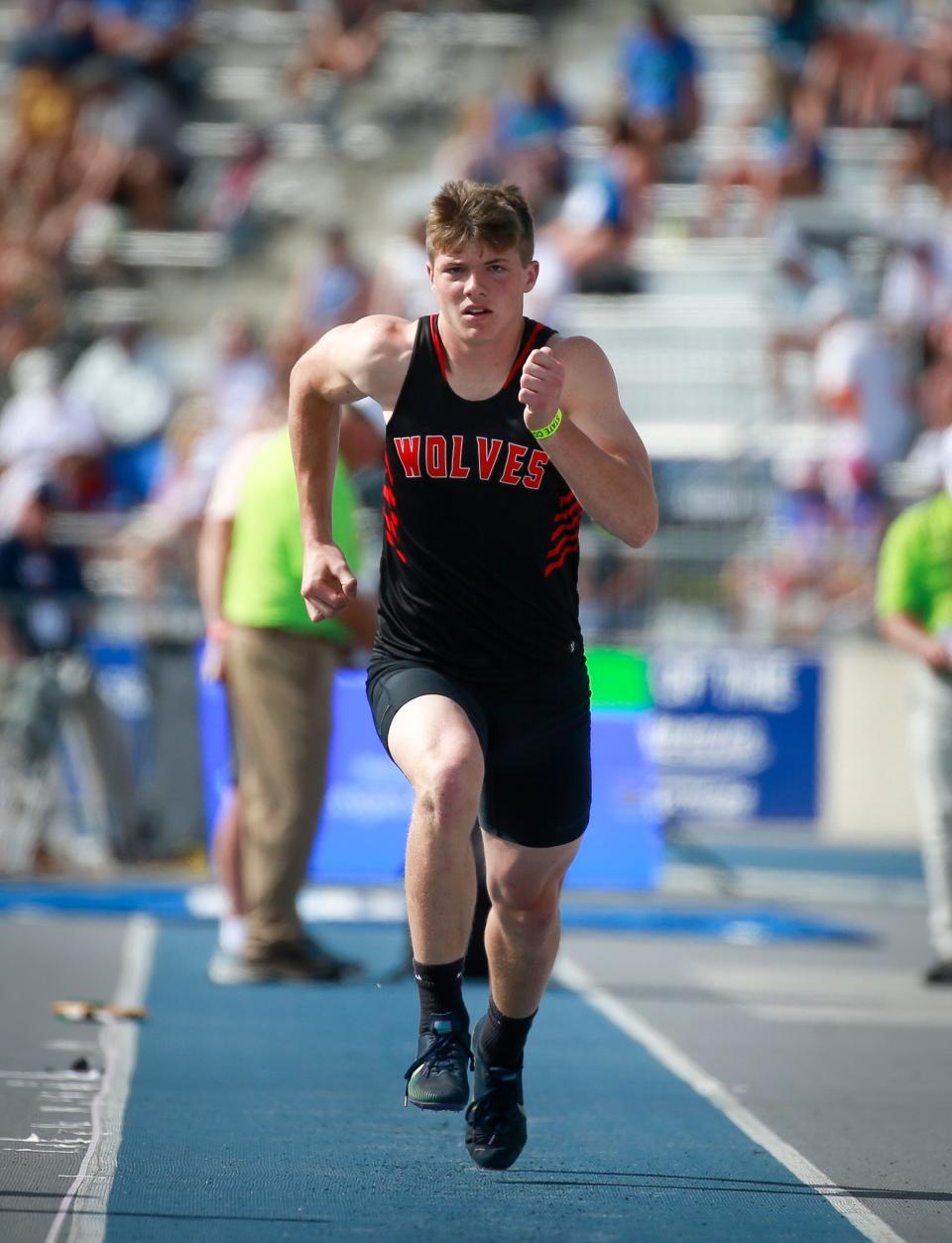 Winfield-Mt. Union's Cam Buffington, pictured here at the 2022 state track and field meet, won the 2023 Class 1A boys long jump title on Thursday at Drake Stadium.