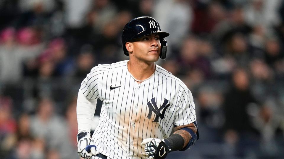 New York Yankees' Gleyber Torres after hitting a home run against the Philadelphia Phillies Monday, April 3, 2023, in New York. (AP Photo/Frank Franklin II)