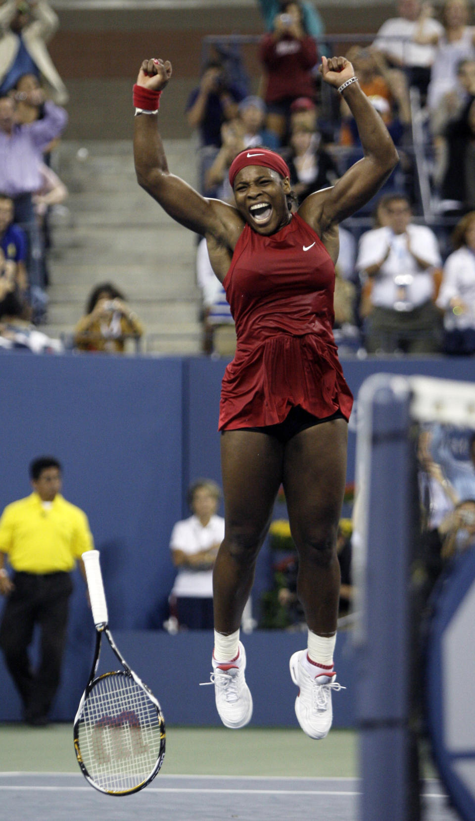 FILE - Serena Williams, of the United States, celebrates after defeating Jelena Jankovic, of Serbia, to win the women's finals championship match at the U.S. Open tennis tournament in New York, Sunday, Sept. 7, 2008. Saying “the countdown has begun,” 23-time Grand Slam champion Serena Williams announced Tuesday, Aug. 9, 2022, she is ready to step away from tennis so she can turn her focus to having another child and her business interests, presaging the end of a career that transcended sports. (AP Photo/Elise Amendola, File)