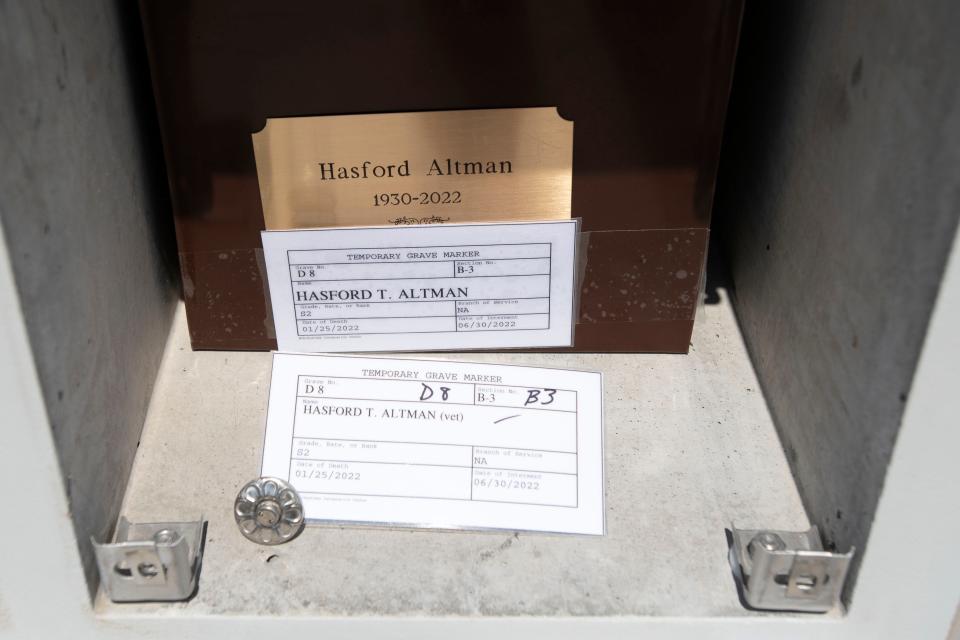 Veteran Hasford Altman's ashes sit in the columbarium after the service for unclaimed veterans at Washington Crossing National Cemetery on Thursday, June 30, 2022. Bucks County Coroner's Office and Montgomery County Coroner's Office honored their unclaimed veterans at a combined service with the attendance of community members and veterans.