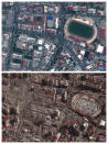 This combination of July 26, 2022 and Feb. 8, 2023 satellite images provided by Maxar Technologies shows buildings and a stadium in downtown Kahramanmaras, Turkey before and after a powerful earthquake struck the region on Monday, Feb. 6, 2023. (Maxar Technologies via AP)