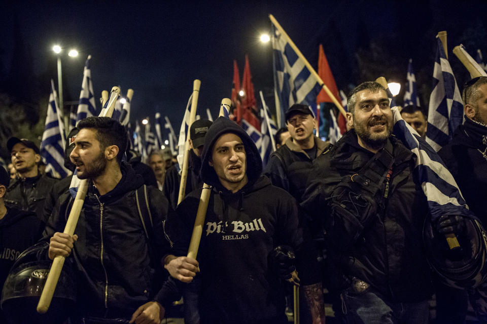 Supporters of the neo-Nazi Golden Dawn party at a rally in Athens on March 5, 2018. (Socrates Baltagiannis / picture alliance via Getty Images file)