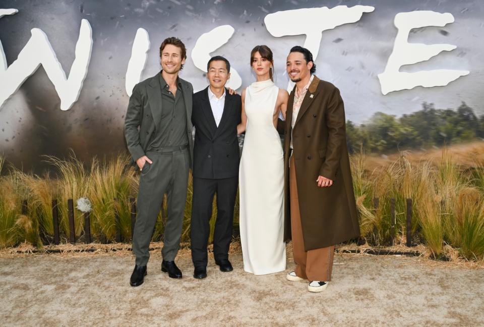 Glen Powell, Lee Isaac Chung, Daisy Edgar-Jones and Anthony Ramos Martinez at the “Twisters” Los Angeles premiere held at Westwood Regency Village Theatre on July 11, 2024 in Los Angeles, California.