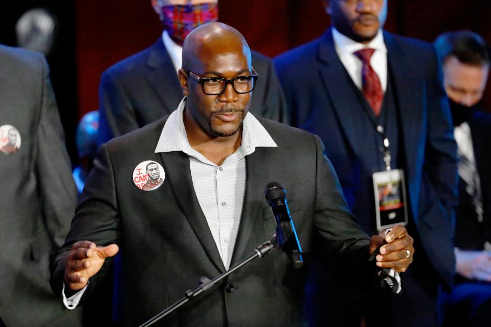 Philonise Floyd speaks at a memorial service for his brother, George Floyd.