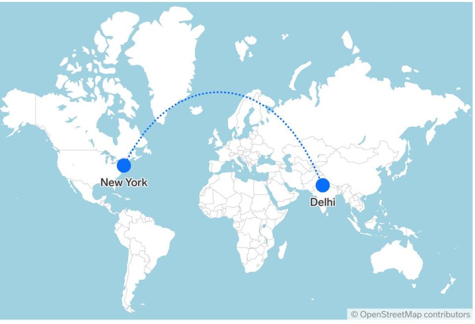 A map showing the flight route between Delhi and New York