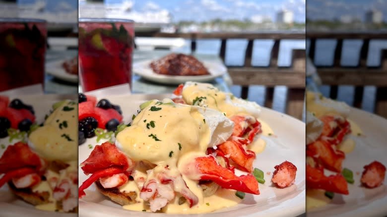 Eggs Benedict and purple drink