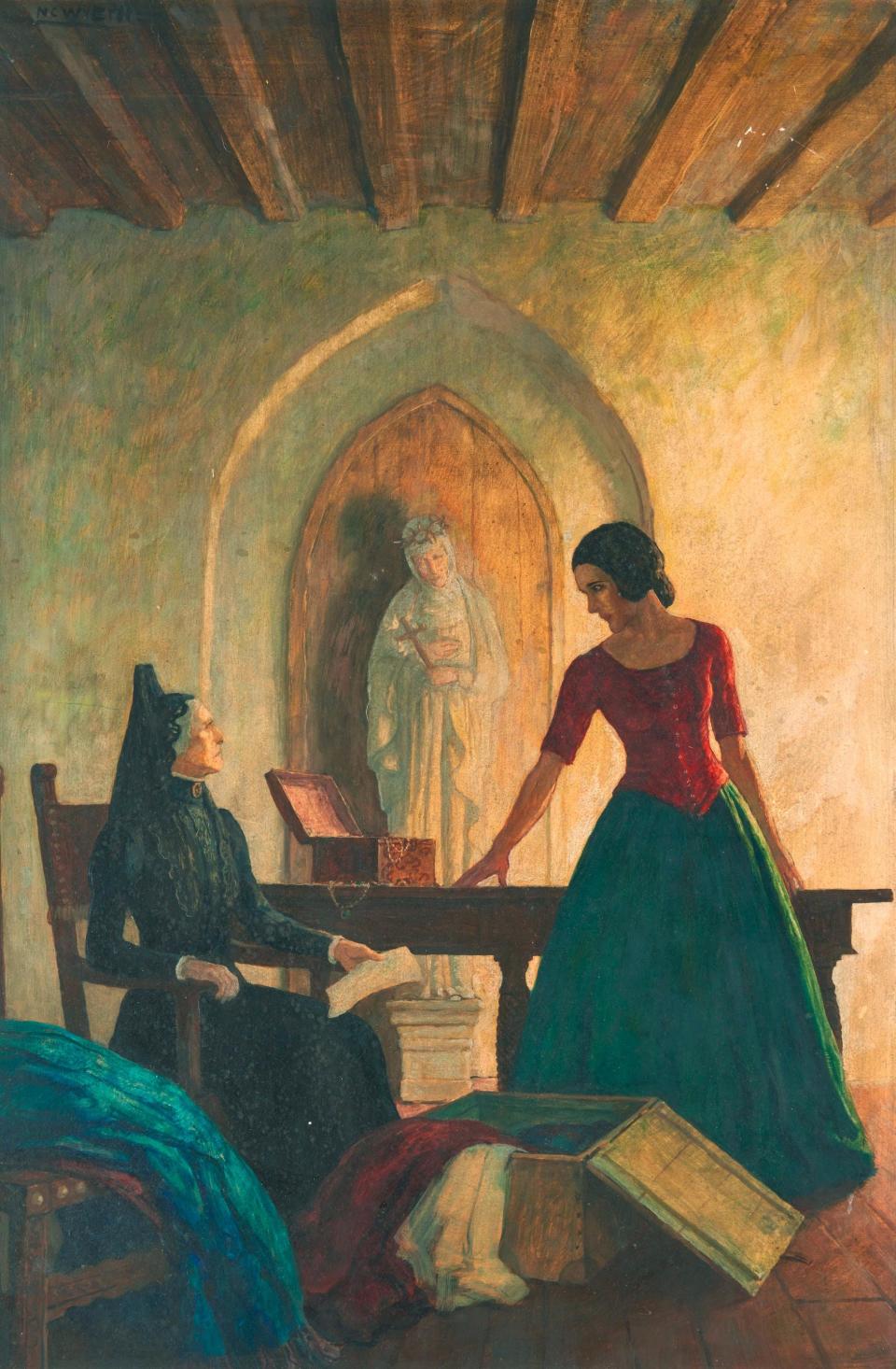 N.C. Wyeth's painting Ramona, frontispiece illustration (Señora Gonzaga Moreno and Ramona) was discovered in a New Hampshire thrift store in 2017 by a woman who paid $4 for it. The painting was valued at up to $250,000 by auction house Bonhams Skinner in 2023.