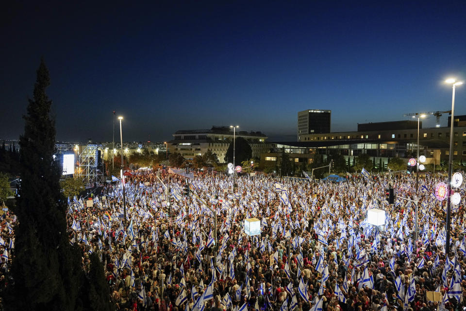 Israelis protest against plans by Prime Minister Benjamin Netanyahu's government to overhaul the judicial system and in support of the Supreme Court ahead of a pivotal appeals hearing beginning Tuesday, in Jerusalem, Monday, Sept. 11, 2023. (AP Photo/Ohad Zwigenberg)