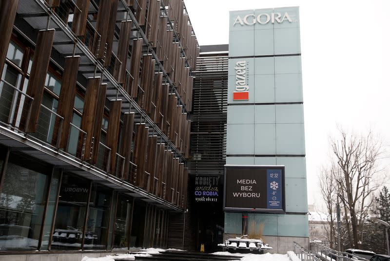 Private publisher Agora building is pictured with the slogan displayed on the screen 'Media without choice' in protest against a proposed media advertising tax that outlets say threatens the industry's independence and its diversity of views at their headq