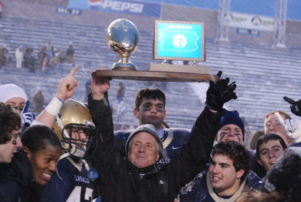 Head coach Drew Gordon celebrates La Salle's 2009 PIAA Class 4A state championship.