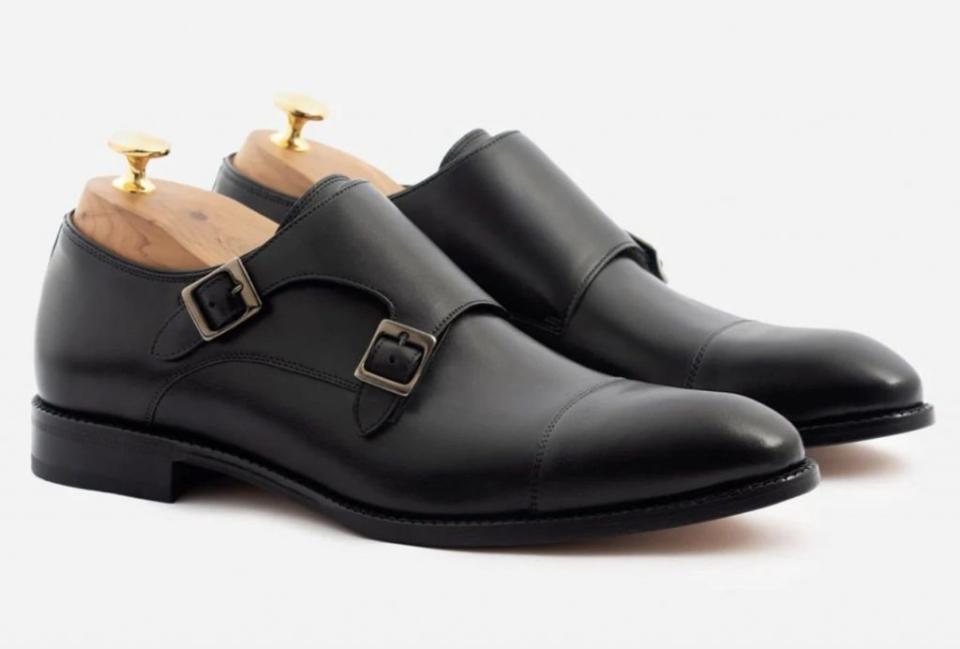 Black monkstrap leather dress shoes.