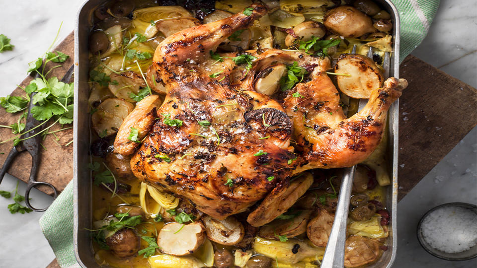 Zesty lemon roasted chicken with Castelvetrano olives