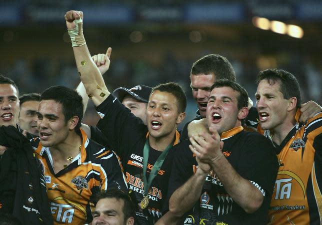 Tigers Captain Scott Prince (C) celebrates winning the NRL Grand Final in 2005.