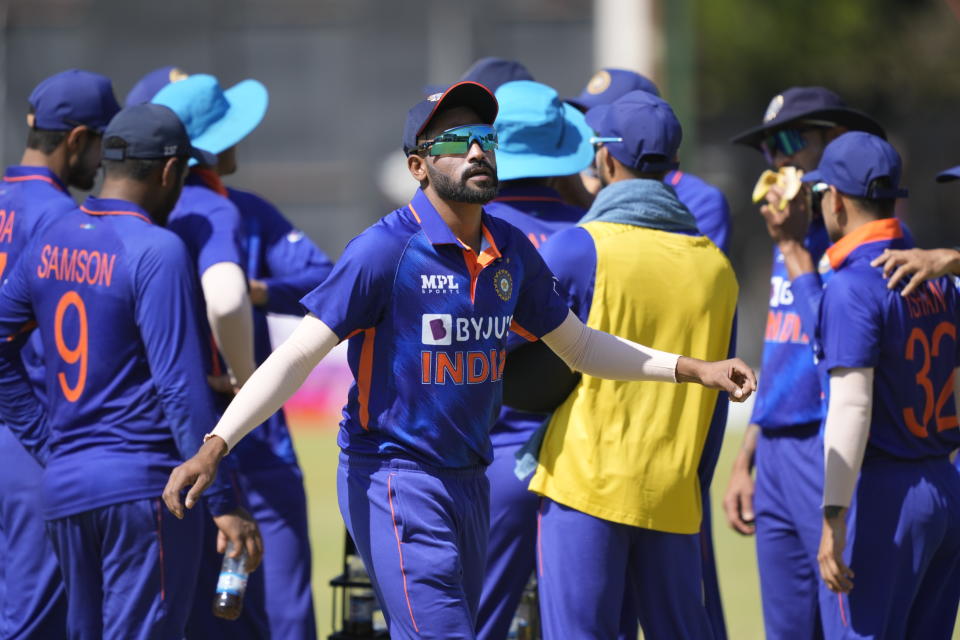 Indian cricket captain Rahul Tripathi is seen during a drinks break on the first day of the One-Day International cricket match between Zimbabwe and India at Harare Sports Club in Harare, Zimbabwe, Thursday, Aug, 18, 2022. (AP Photo/Tsvangirayi Mukwazhi)