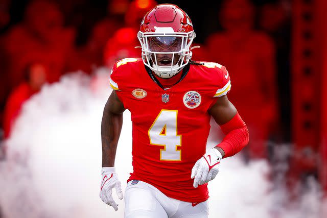 <p>David Eulitt/Getty</p> Rashee Rice of the Kansas City Chiefs, 2023