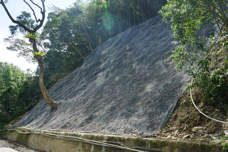 花蓮吉安步道群邊坡坍塌 掛網護坡工程完工 花蓮縣吉安鄉楓林等步道群，2023年因接連受颱風侵 襲，造成2處路段邊坡崩塌，影響道路通行，經清除 土石、施作掛網護坡工程，目前已完工，保留未來草 木生長空間。 中央社記者張祈攝  113年3月28日 