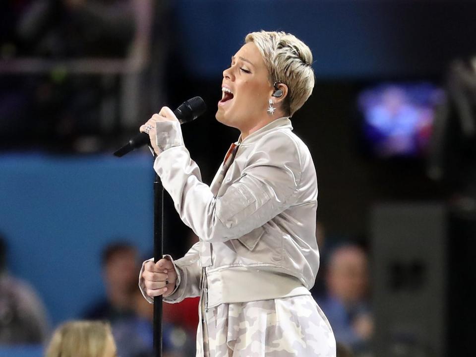 Pink sings the national anthem at the Super Bowl in 2018