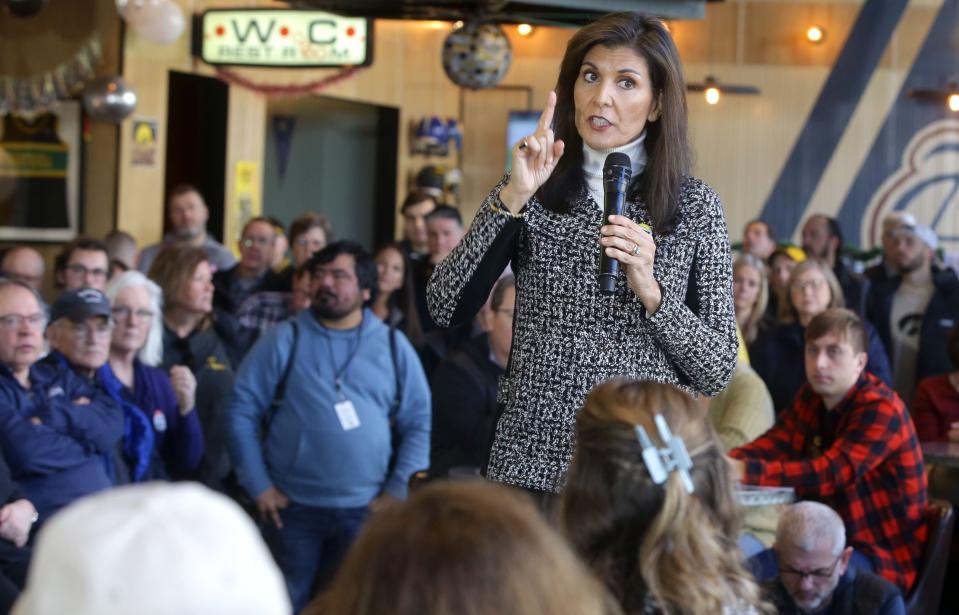 Nikki Haley campaigning at the Iowa Athletic Club in Iowa City, Iowa Dec. 30, 2023 ahead of the January caucuses on Jan. 15.
