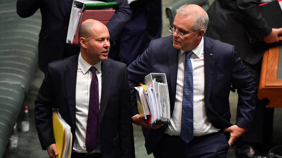 Treasurer Josh Frydenberg and Prime Minister Scott Morrison in Parliament. The Morrison Government will present the 2022 Budget in the lead up to the Federal election.