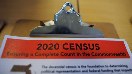 FILE PHOTO: An informational pamphlet is displayed at an event for community activists and local government leaders to mark the one-year-out launch of the 2020 Census efforts in Boston, Massachusetts, U.S., April 1, 2019. REUTERS/Brian Snyder/File Photo