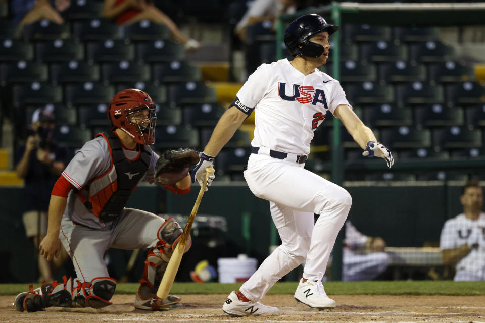 VERO BEACH, FL - MAY 26: Triston Casas #26 of Team USA bats during the Olympic Qualifiers Exhibition against Team Canada at Jackie Robinson Training Complex on Wednesday, May 26, 2021 in Vero Beach, Florida. (Photo by Rhona Wise/MLB Photos via Getty Images)