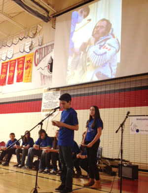 Astronaut Chris Hadfield speaks to students at Chief Peguis High in Winnipeg over radio contact from space.