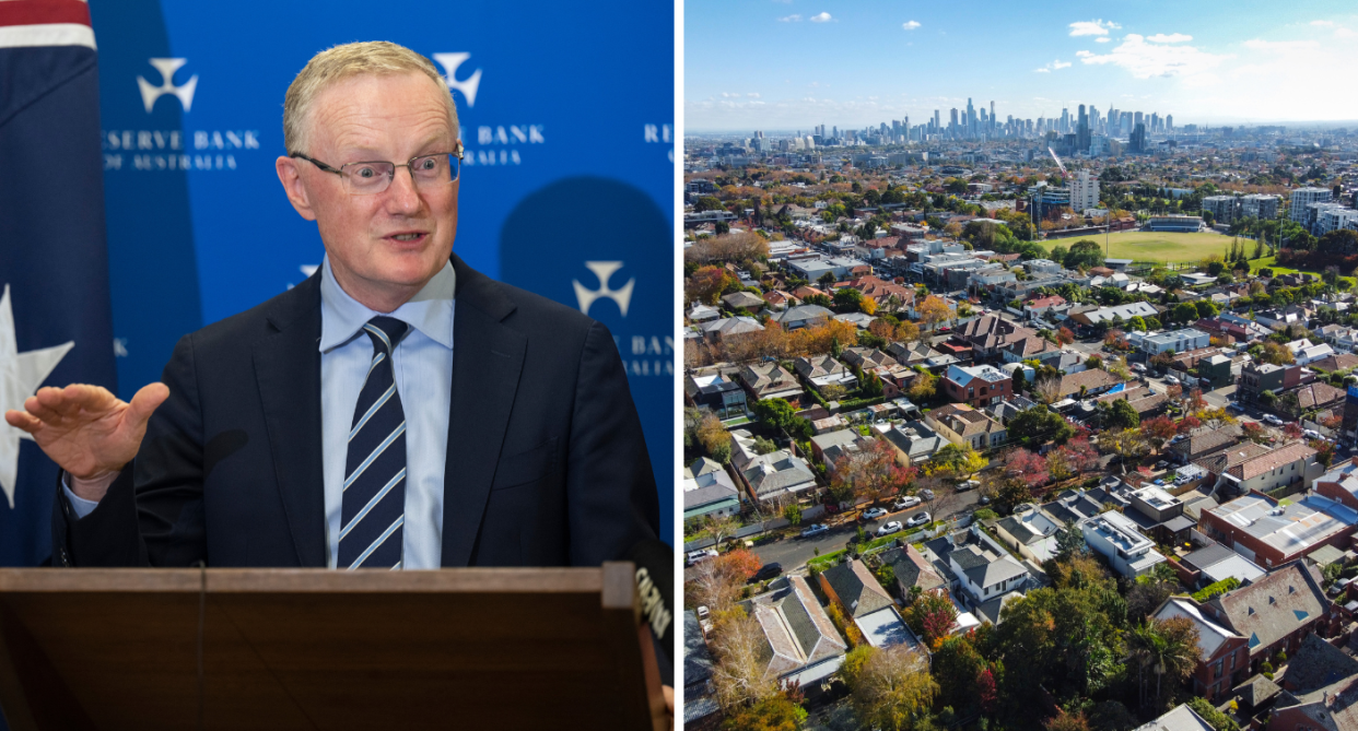 Composite image of RBA governor Philip Lowe and Australian property. 