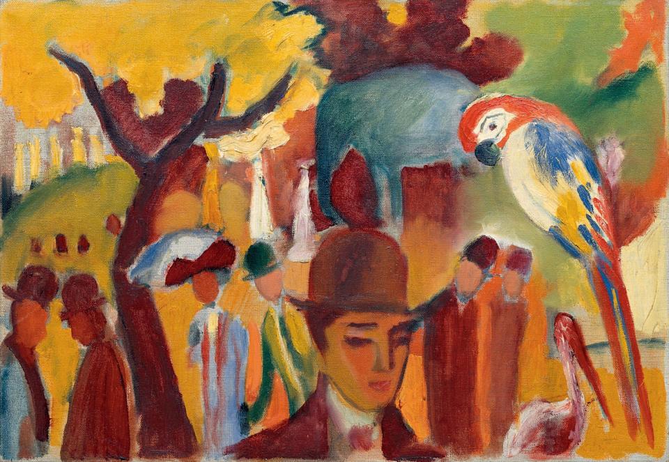 Zoological garden in brown and yellow (1912), featuring a parrot, by the German expressionist August Macke
