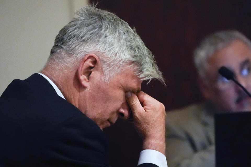 Alec Baldwin wipes his eyes during a pretrial hearing, Monday, July 8, 2024, in Santa Fe, N.M. The actor's involuntary manslaughter trial starts July 9 with jury selection. (AP Photo/Ross D. Franklin, Pool)