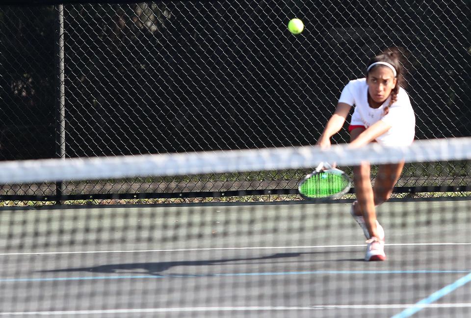 Seabreeze's Riya Arab lifts a shot against Flagler Palm Coast, Wednesday, April 10, 2024, at the Nova Community Park in Ormond Beach.