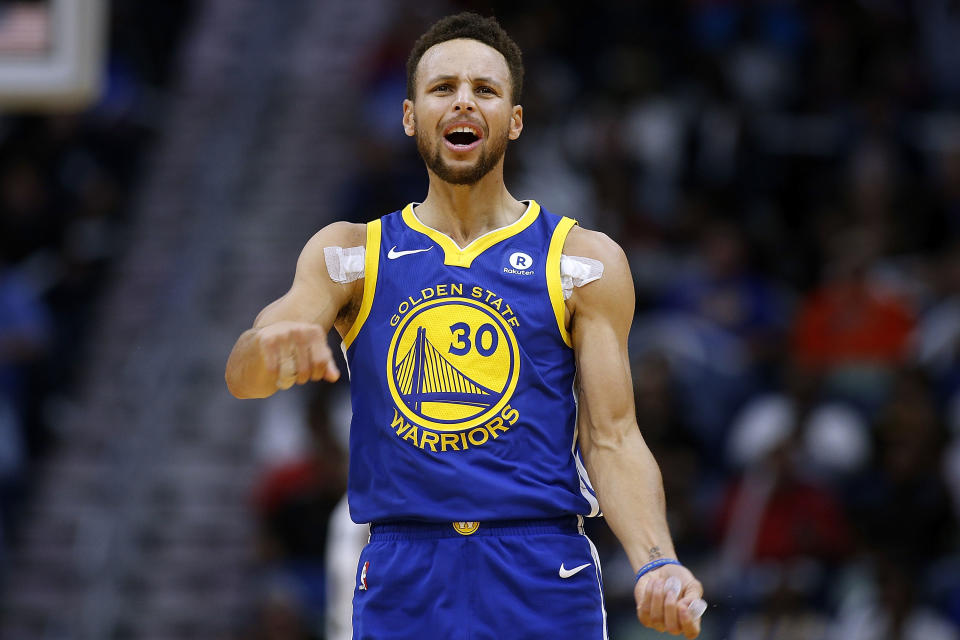 Stephen Curry during the first half of Monday’s game against the Pelicans. (Getty)