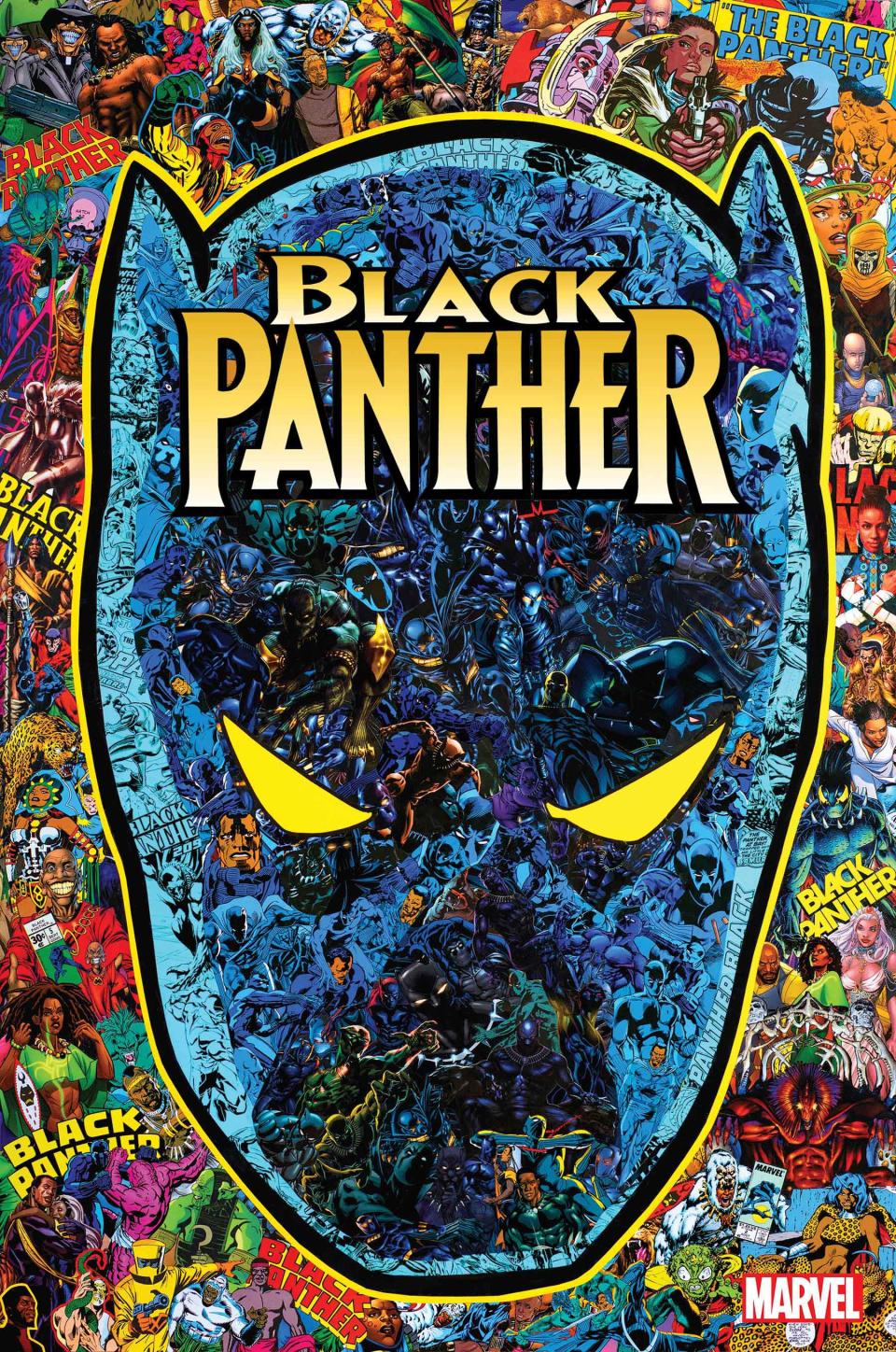 Black Panther's mask made up of lots of characters fighting