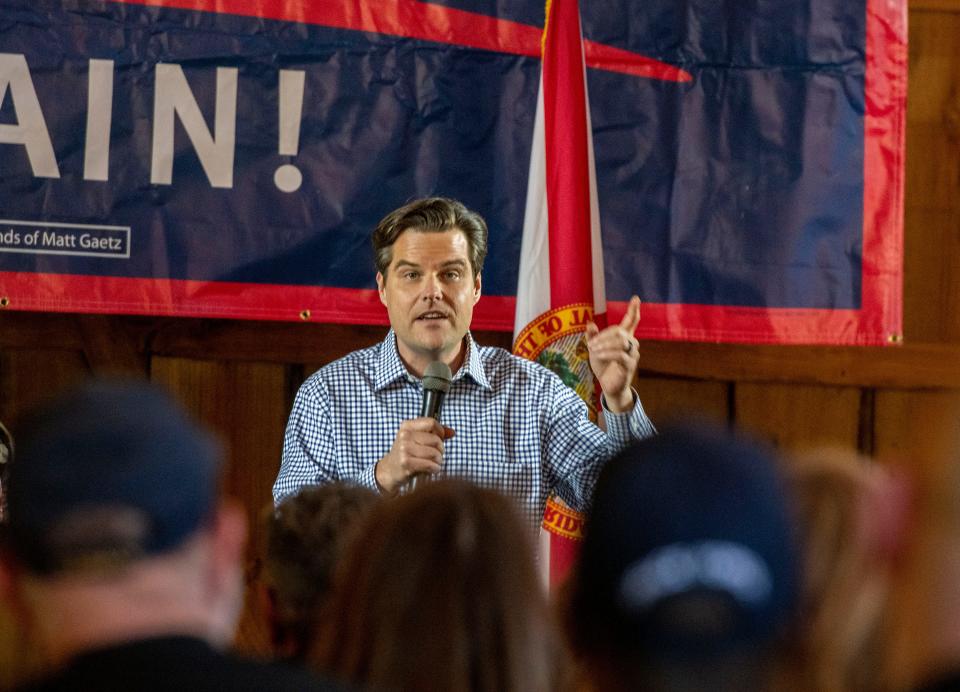 U.S. Rep. Matt Gaetz speaks during a campaign kickoff event April 9 at the Heaven's Trail Event Barn in Milton. Gaetz sought a pardon from President Donald Trump before and after the riot at the Capitol on Jan. 6, 2021, the House Jan. 6 Select Committee revealed Thursday.