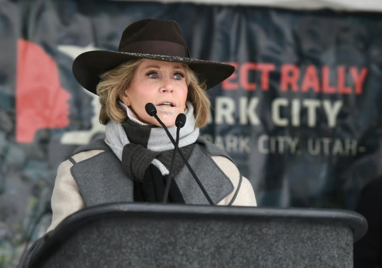 Activist and actress Jane Fonda addresses the Women's March in Park City, Utah, where the Sundance Film Festival is underway