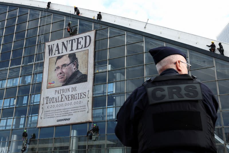 Environmental activists protest as TotalEnergies holds its annual shareholders meeting near Paris