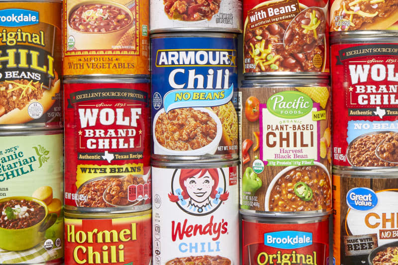 Close up of canned chilis - all brands.