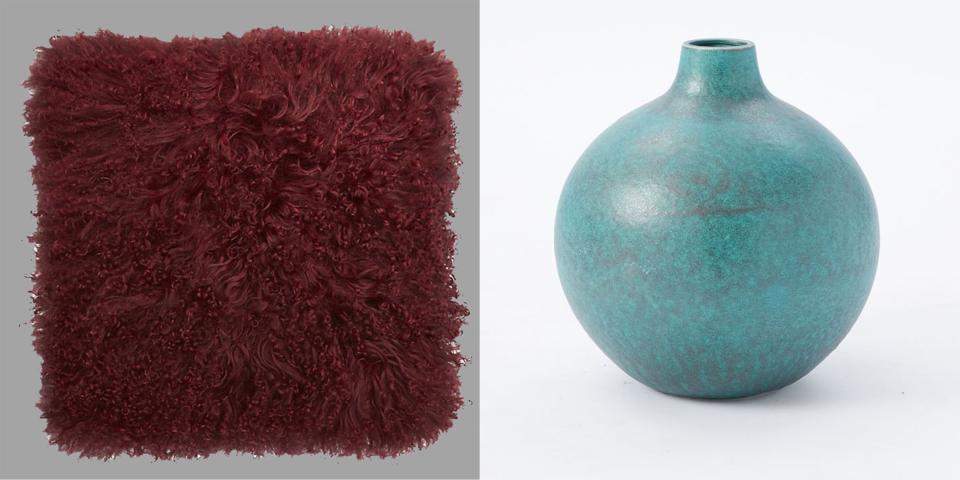 SHOP NOW: Mongolian sheepskin pillow in maroon, 16", by CB2, $90, cb2.com
SHOP NOW: Rustic ceramic extra-large floor vase by West Elm, $169, westelm.com