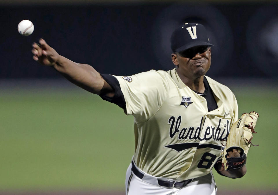 Vanderbilt's Kumar Rocker throws to a Duke batter during the eighth inning of an NCAA college baseball tournament super regional game Saturday, June 8, 2019, in Nashville, Tenn. Rocker threw a no-hitter in Vanderbilt's 3-0 victory. (AP Photo/Wade Payne)