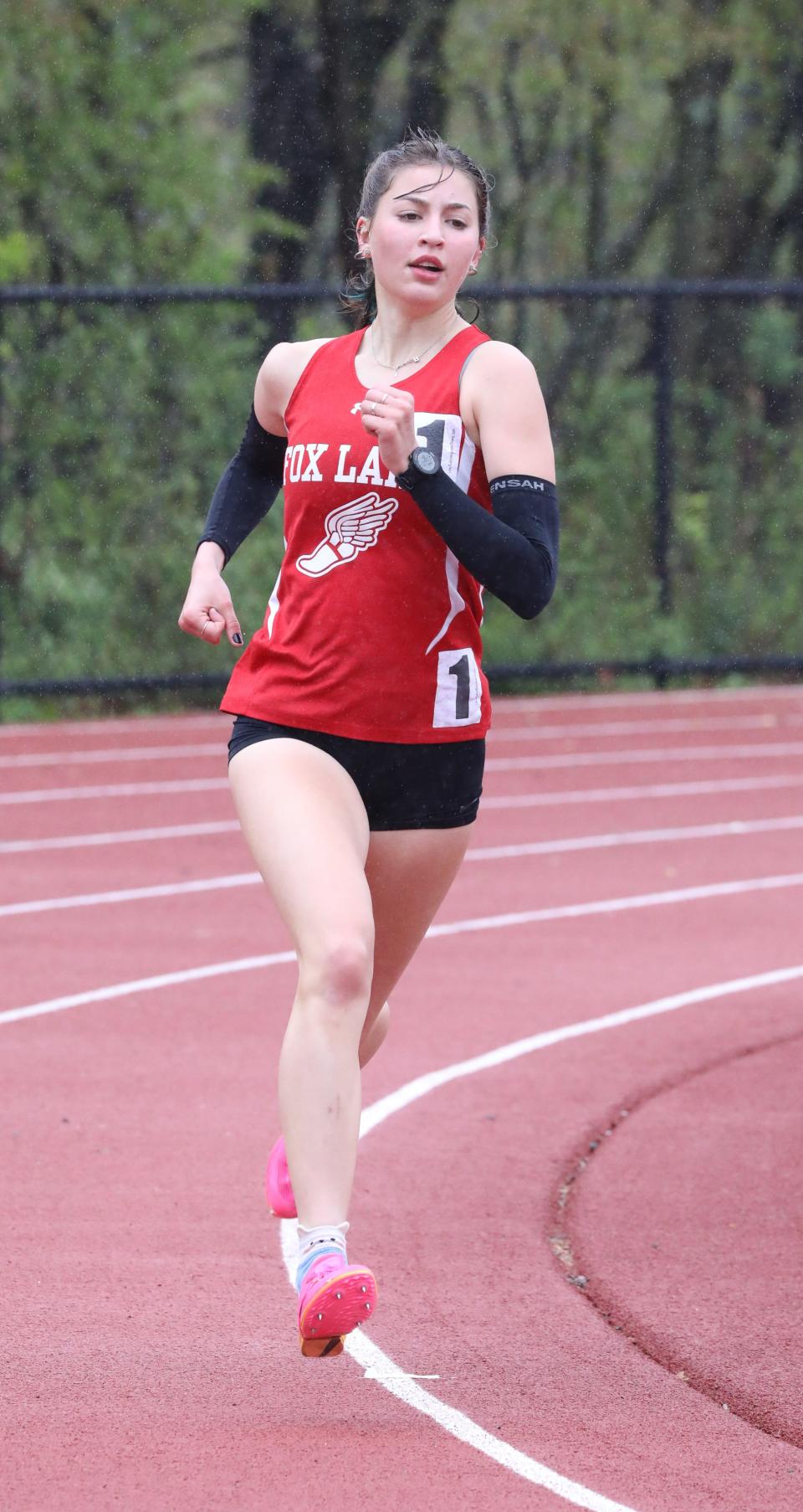 Morgan Eigel from Fox Lane placed first as athletes compete in the girls 1600 meter run during the Gold Rush Invitational Track & Field meet at Clarkstown South High School in West Nyack, April 29, 2023. 
