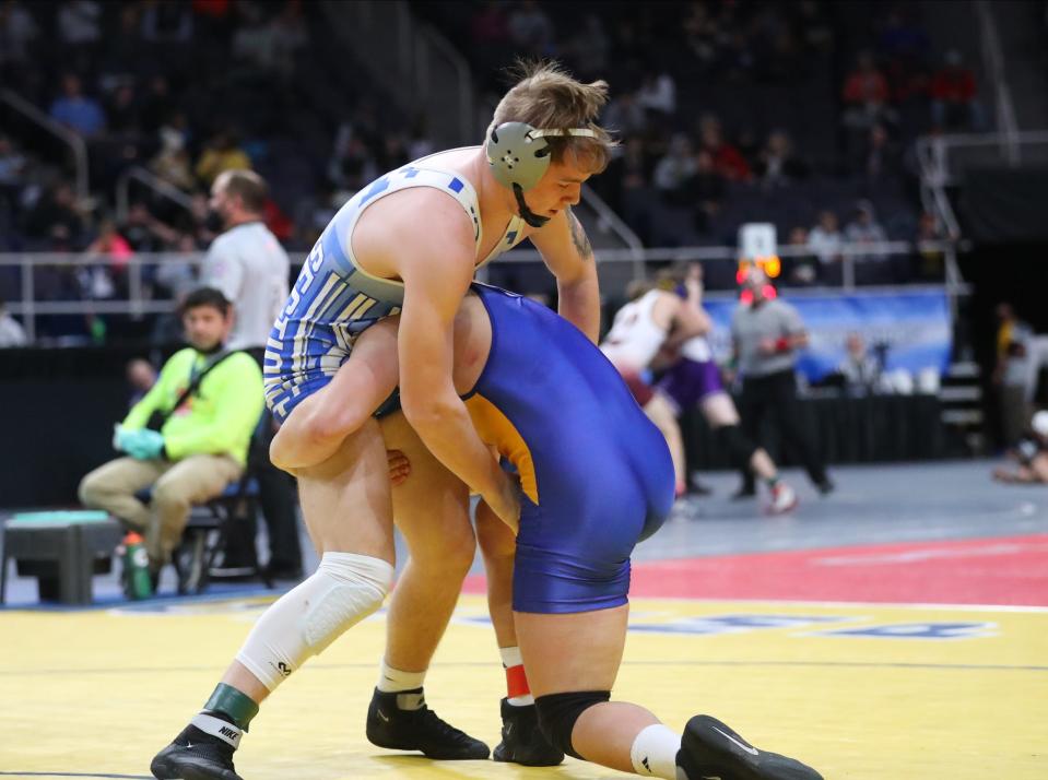 Minisink Valley's Andrew Filip wrestles in the 189-pound match in the semi-final round of the NYSPHSAA wrestling championships at the MVP Arena in Albany on Saturday, February 26, 2022. 