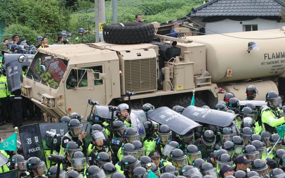 Elements of the U.S. Terminal High Altitude Area Defense (THAAD) missile interception system arrive in Seongju, South Korea - Yao Qilin/Xinhua News Agency / eyevine