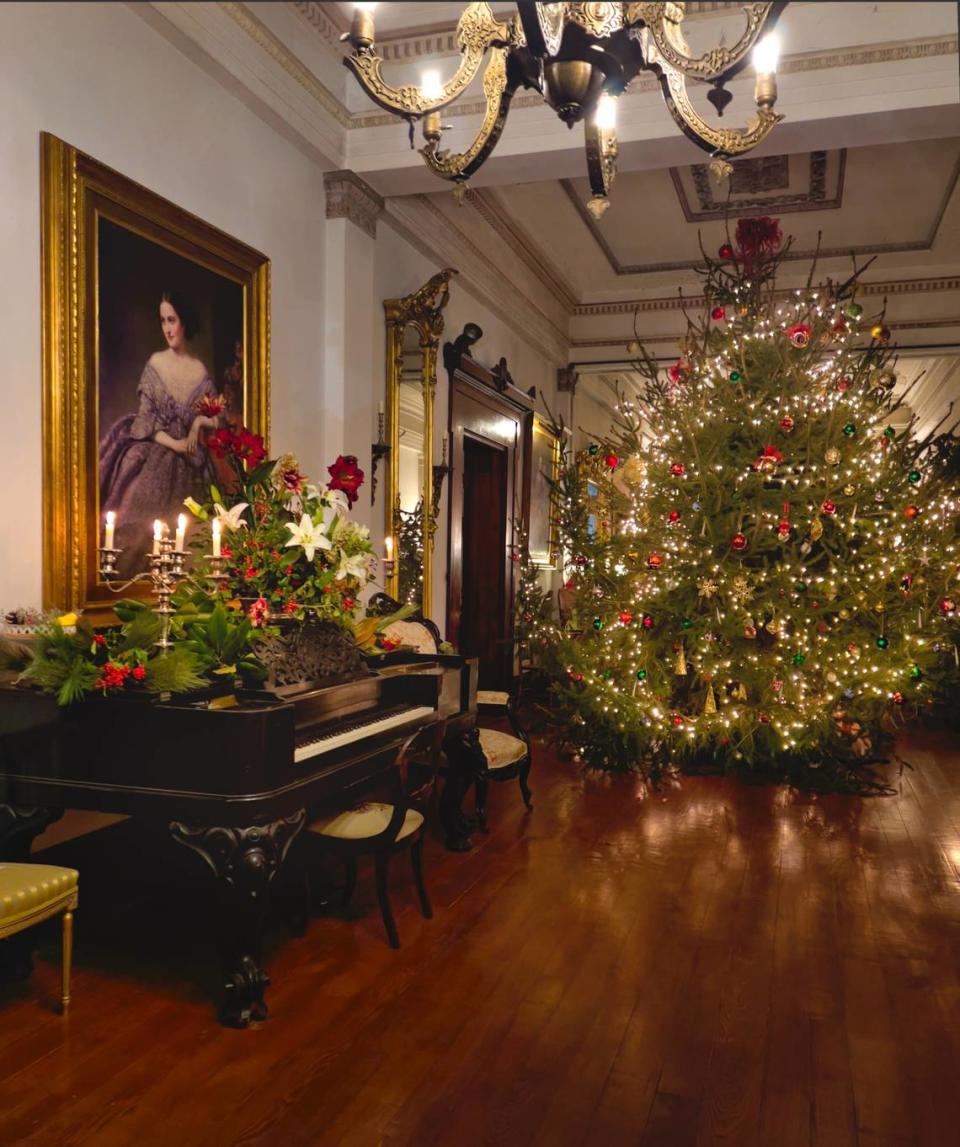 The 12,000-square-foot Ward Hall mansion is decorated for the holidays as it might have been in the 19th century.