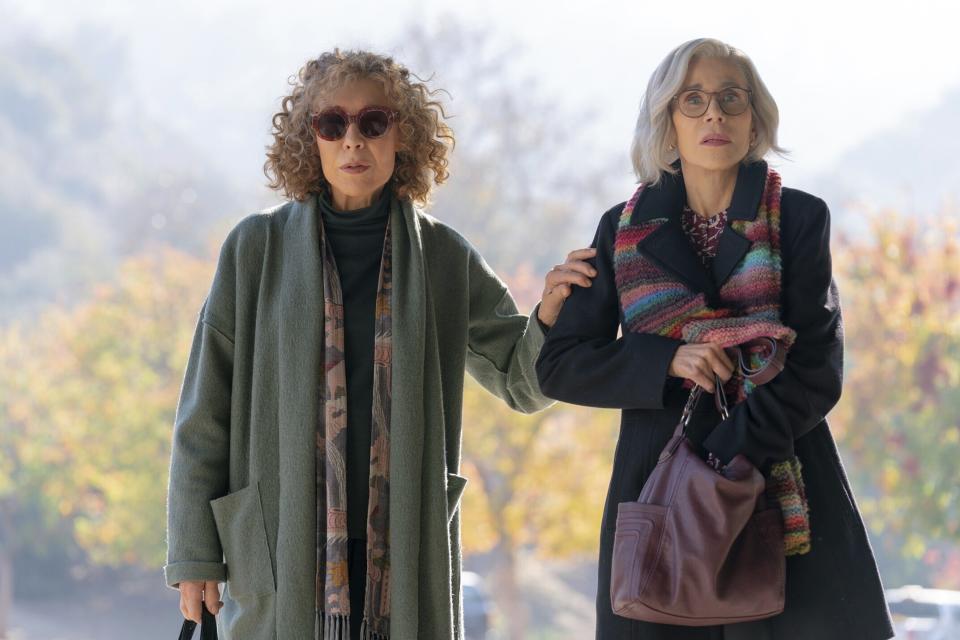 This image released by Roadside Attractions shows Lily Tomlin, left, and Jane Fonda in a scene from "Moving On." (Glen Wilson/Roadside Attractions via AP)