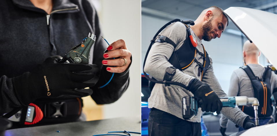 Two images of people wearing a robotic glove at work.