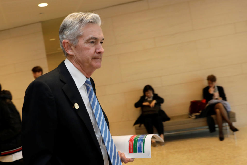 Federal Reserve Chairman Jerome Powell leaves after IMFC plenary the IMF/World Bank spring meeting in Washington, U.S., April 20, 2018. REUTERS/Yuri Gripas