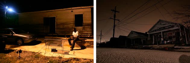 Left: Jermaine Brisco outside his Lower 9th Ward home in New Orleans, which was badly damaged by Hurricane Katrina in August 2005. In May 2006, the water in the area was still not safe to drink and electricity was mostly not functioning. Right: A row of hurricane-damaged homes with no power in the Lower 9th Ward on Feb. 20, 2006. Credit: Getty Images