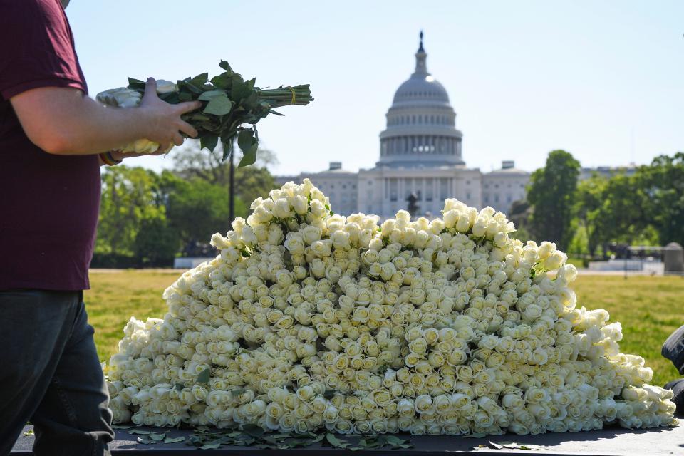 Activists stage a COVID-19 memorial event in Washington, DC near the U,S. Capitol building on May 13, 2020 honoring the over 80,000 people who have died from the virus in the U.S.